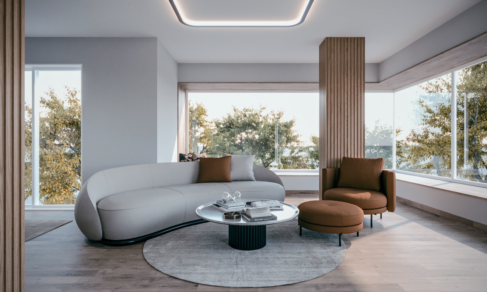 Bright contemporary living room with curved sofa, brown armchair, wood slat column and panoramic windows