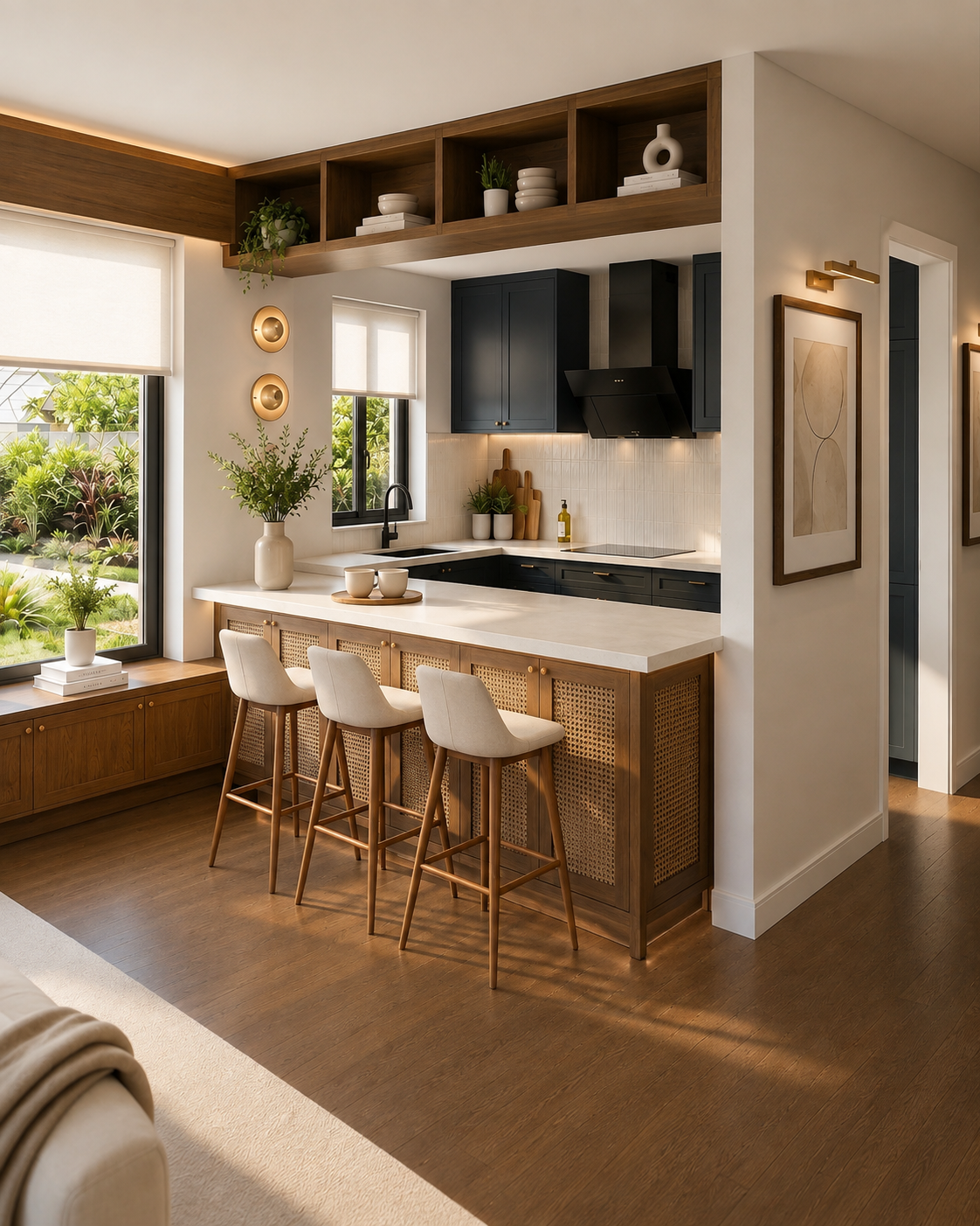 Warm modern kitchen with dark cabinets, woven island panels, and garden view