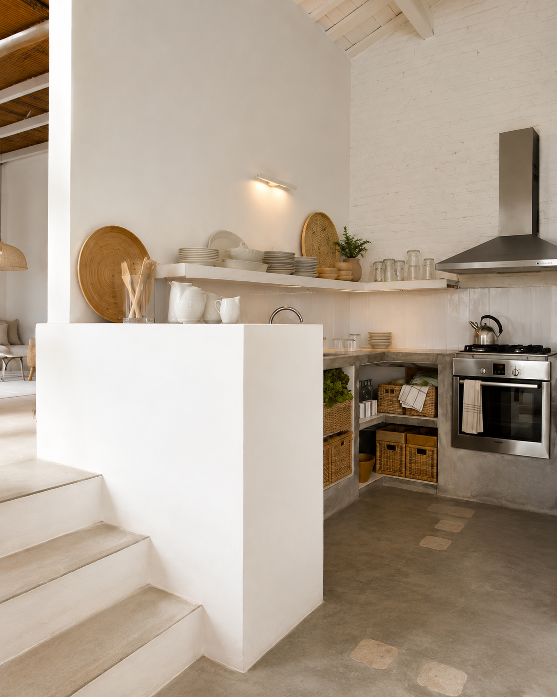 Bright Aegean kitchen with white brick walls, concrete countertops, open shelving and woven baskets