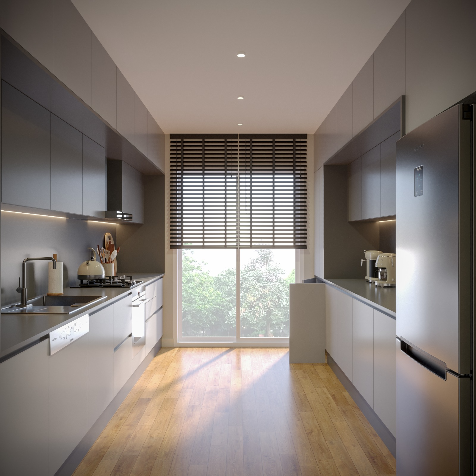Modern galley kitchen with grey cabinetry, wood flooring and garden view