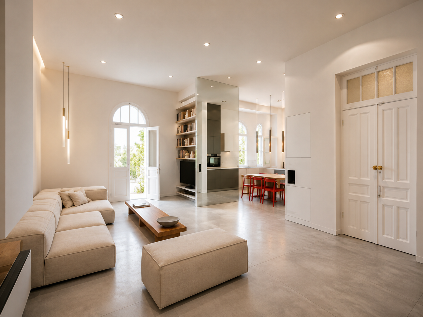 Bright minimalist apartment with arched French doors, cream modular sofa, wood coffee table, red dining chairs and integrated kitchen