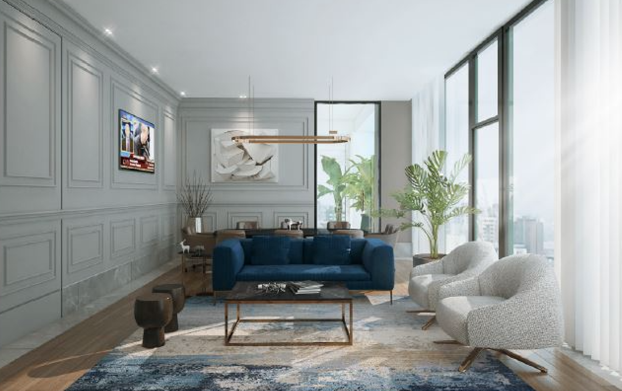 Executive lounge with classic wall paneling, navy blue sofa, cream armchairs and city view