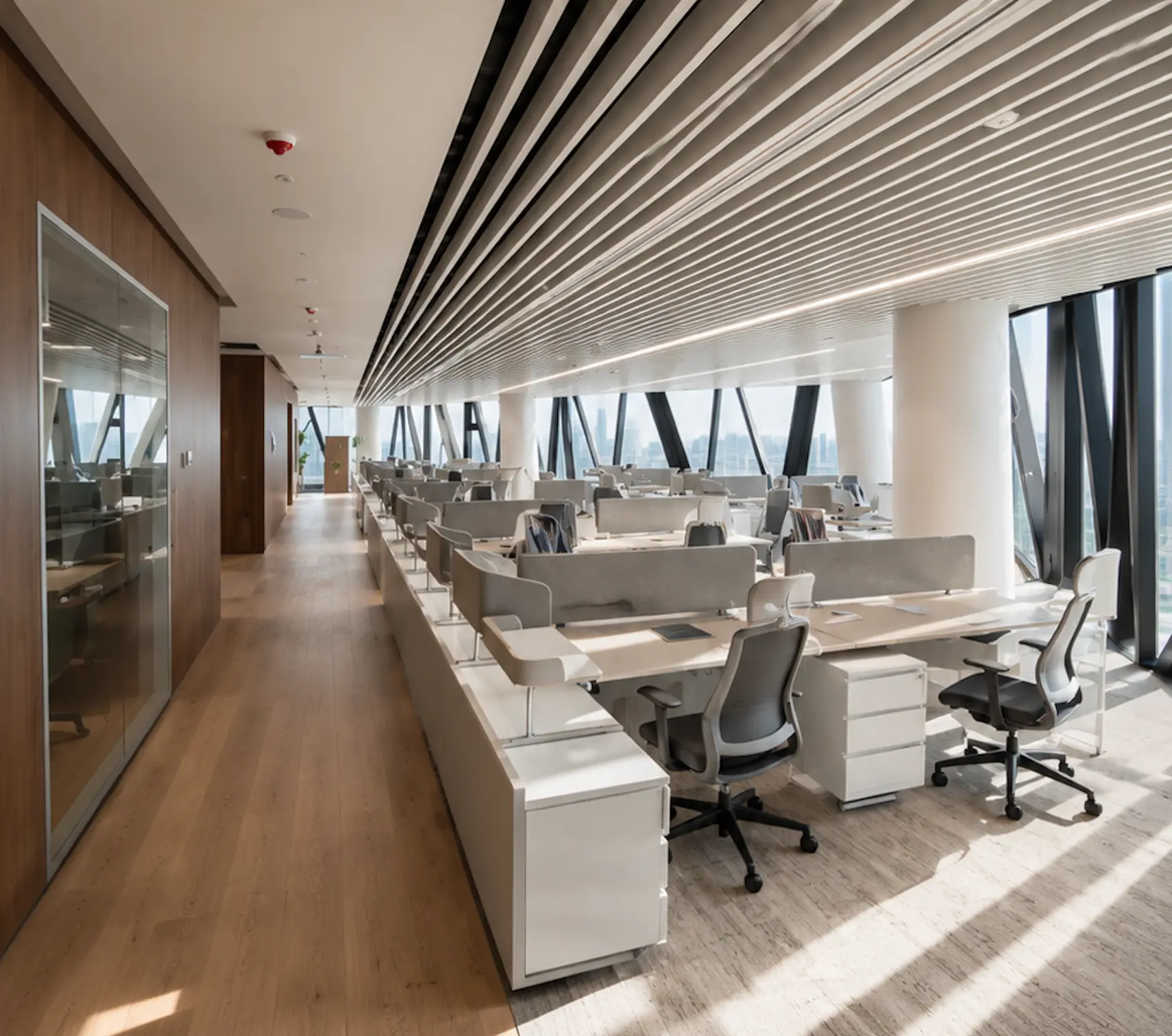 Modern corporate office with linear ceiling slats, city views and warm wood flooring