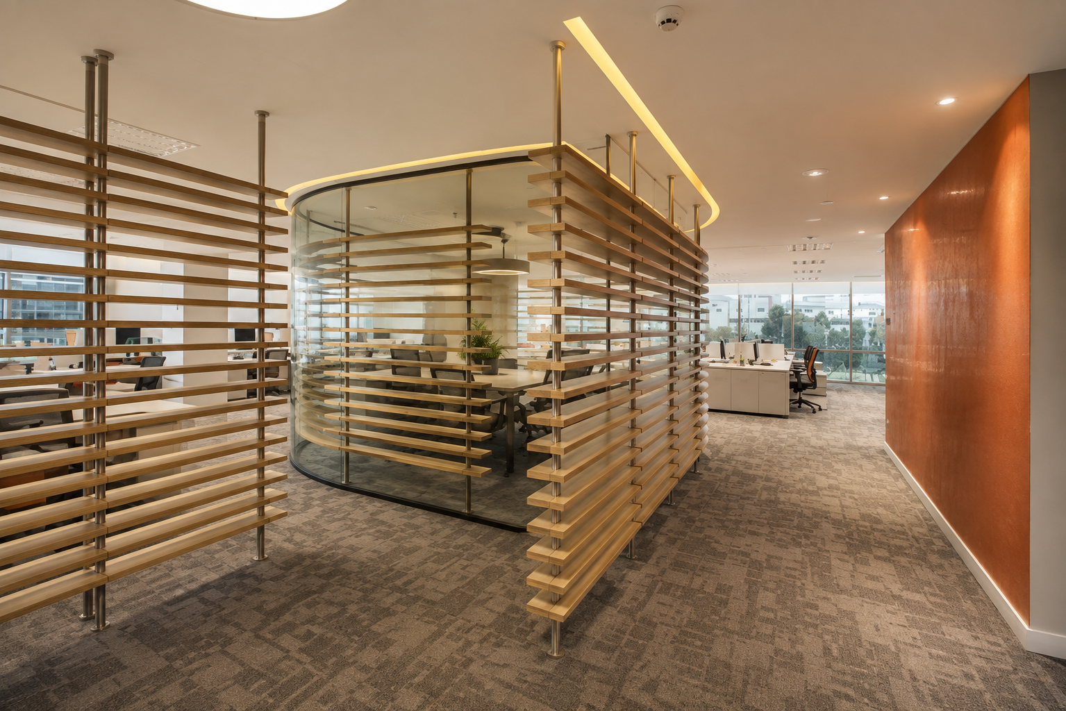 Curved glass meeting pod with horizontal frosted bands and warm yellow ceiling accent lighting