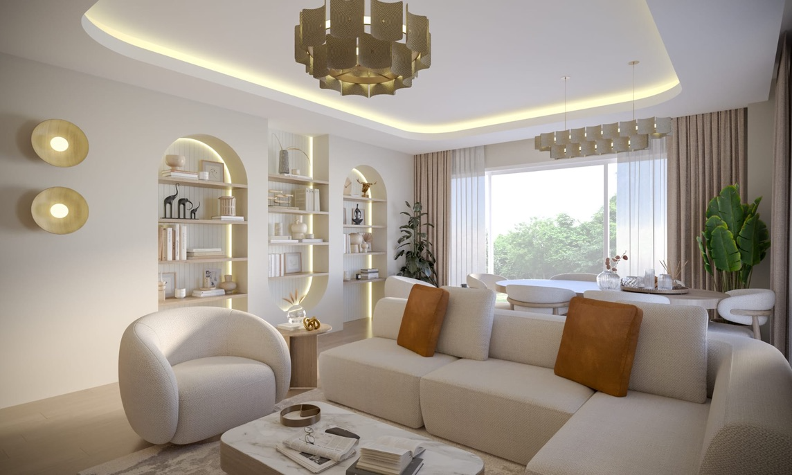 Bright contemporary living room with curved seating and built-in shelving