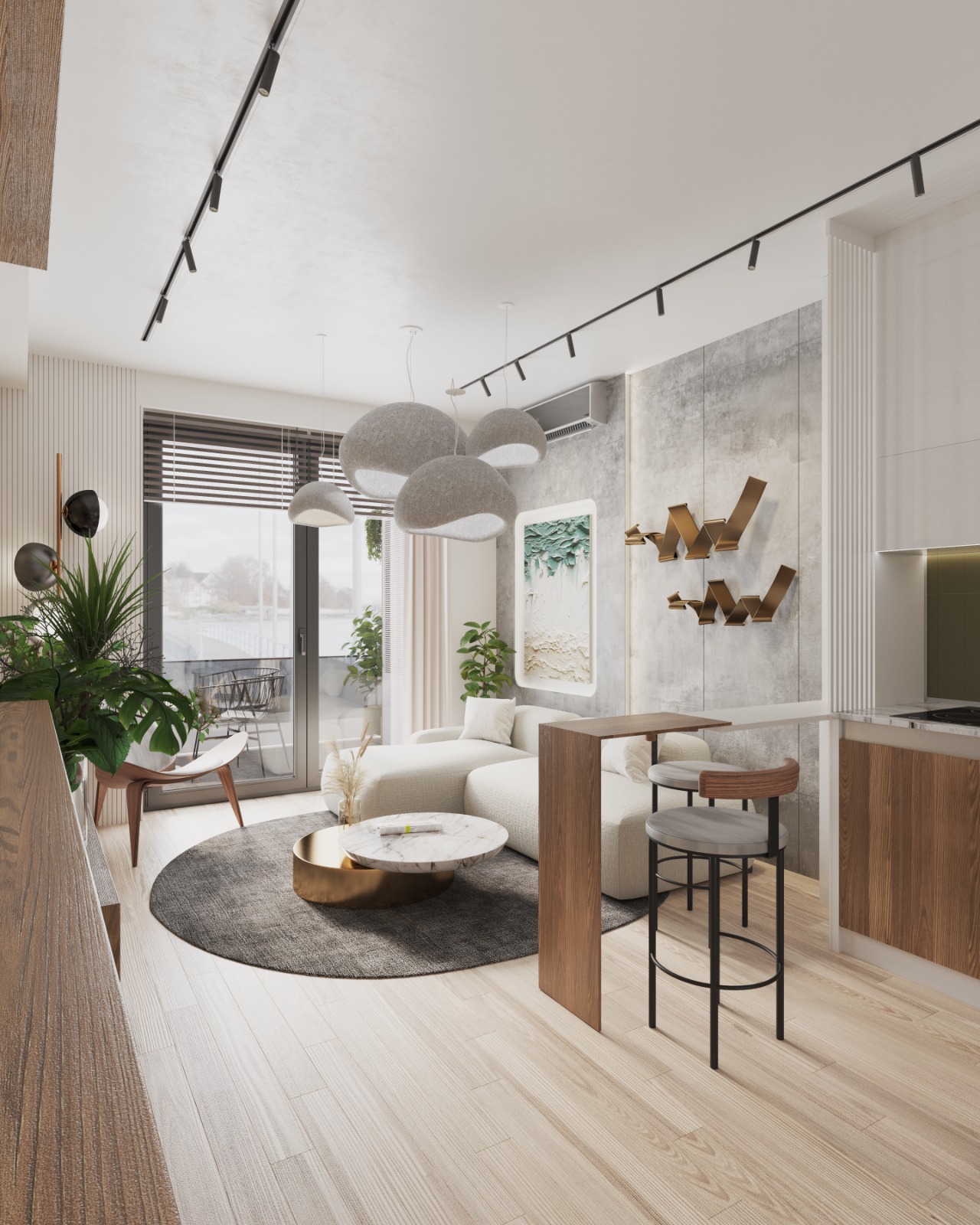 Bright modern living space with curved cream sofa, marble coffee table, pendant lights and balcony view