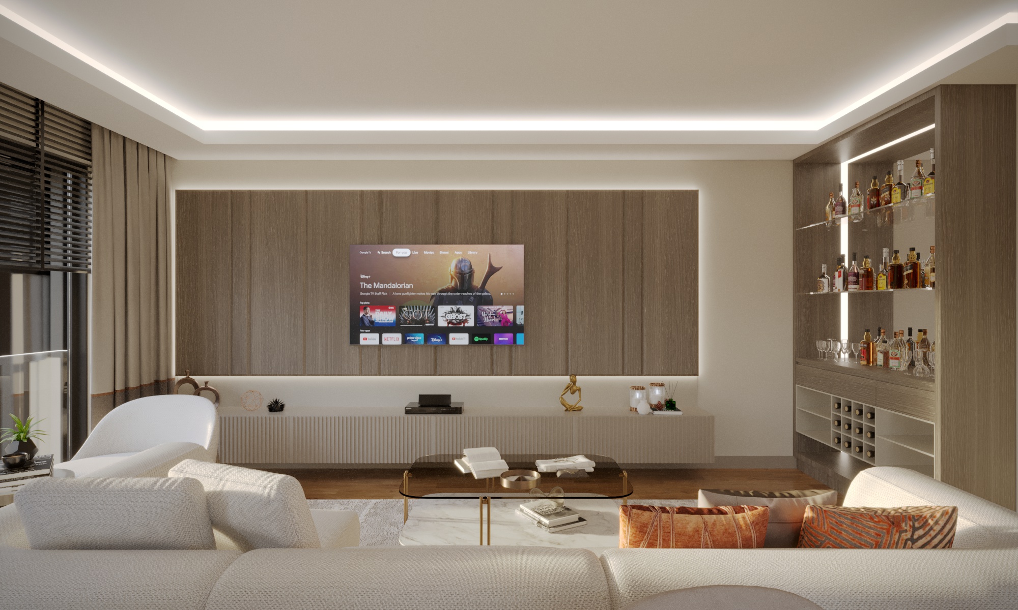 Contemporary living room with wood media wall, backlit bar shelving, cream sofas and warm ambient lighting