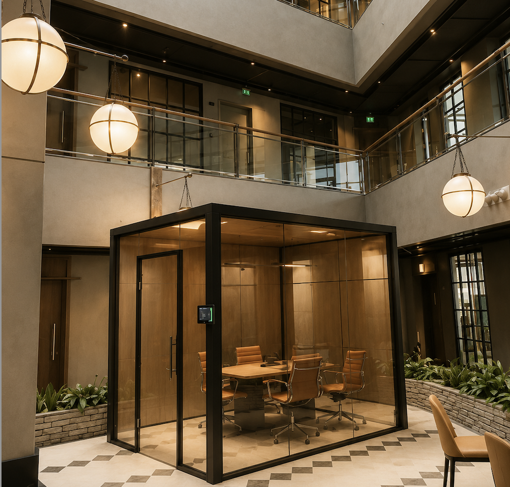 Dramatic office lobby with black-and-white marble floor, reception desk and glass meeting box