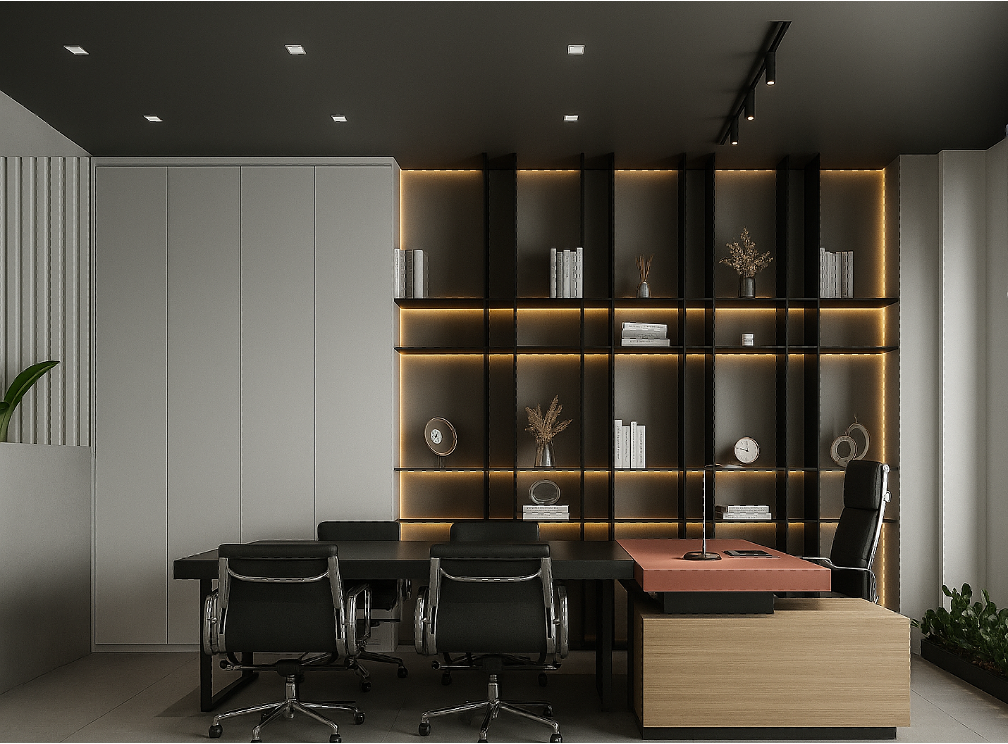 Dark modern office with black shelving and warm ambient lighting
