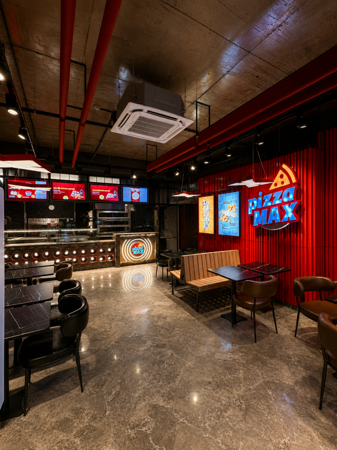 Modern fast-casual restaurant interior with red accent wall, neon signage and marble flooring