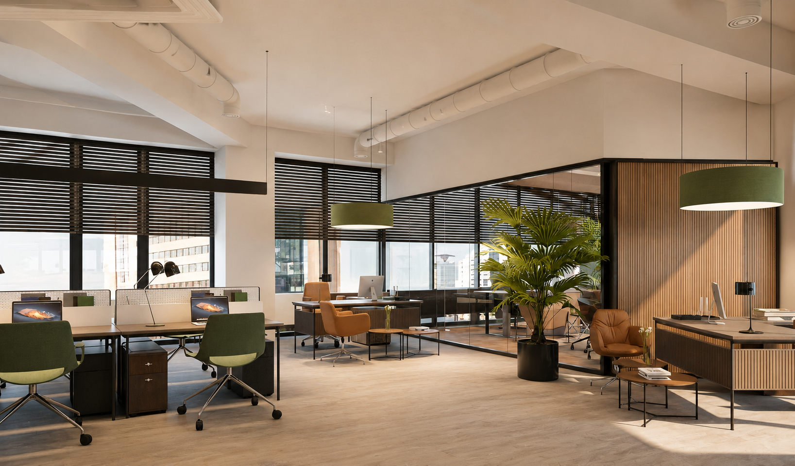 Modern open-plan office with green and terracotta chairs, pendant lamps and city views