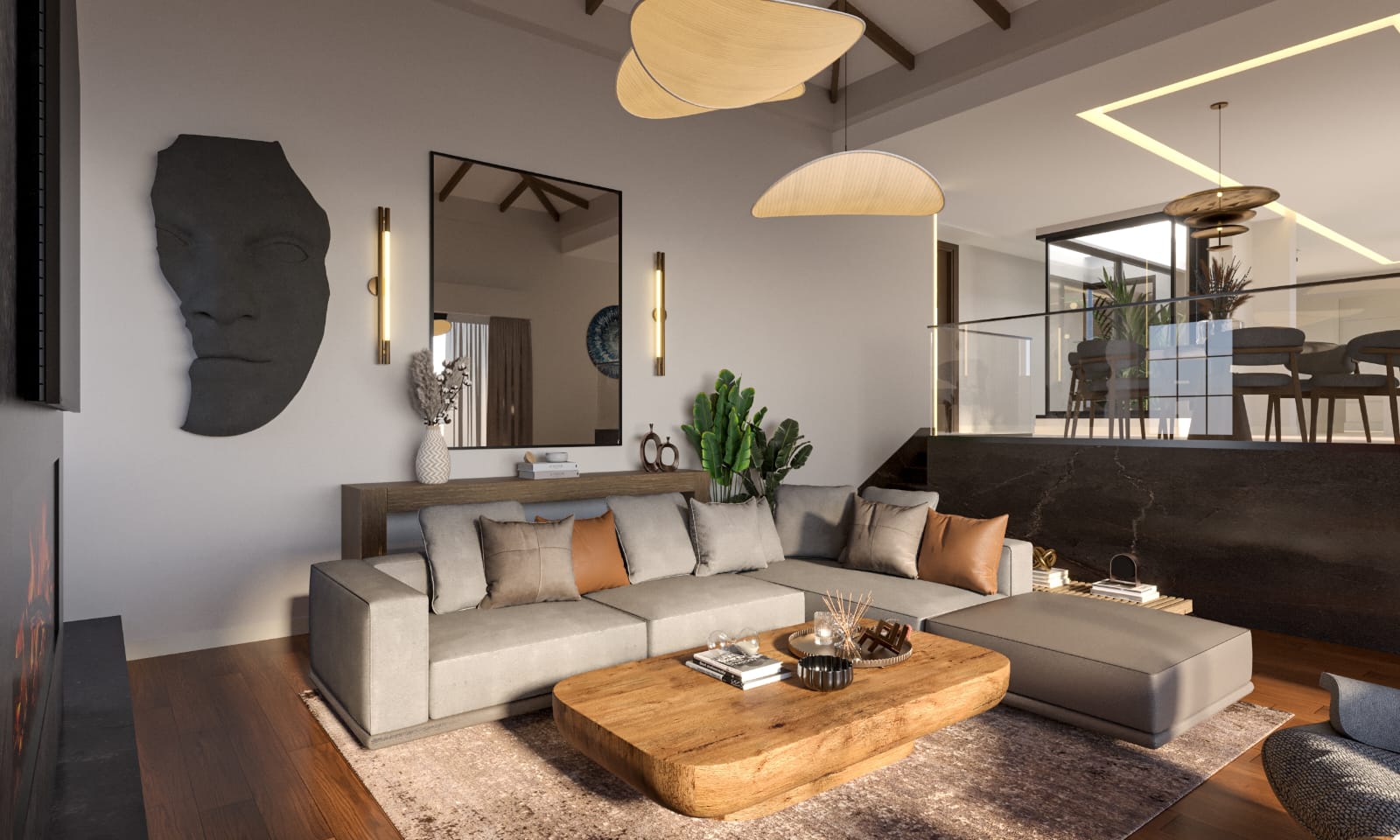 Warm contemporary living room with sculptural wall art and pendant lights