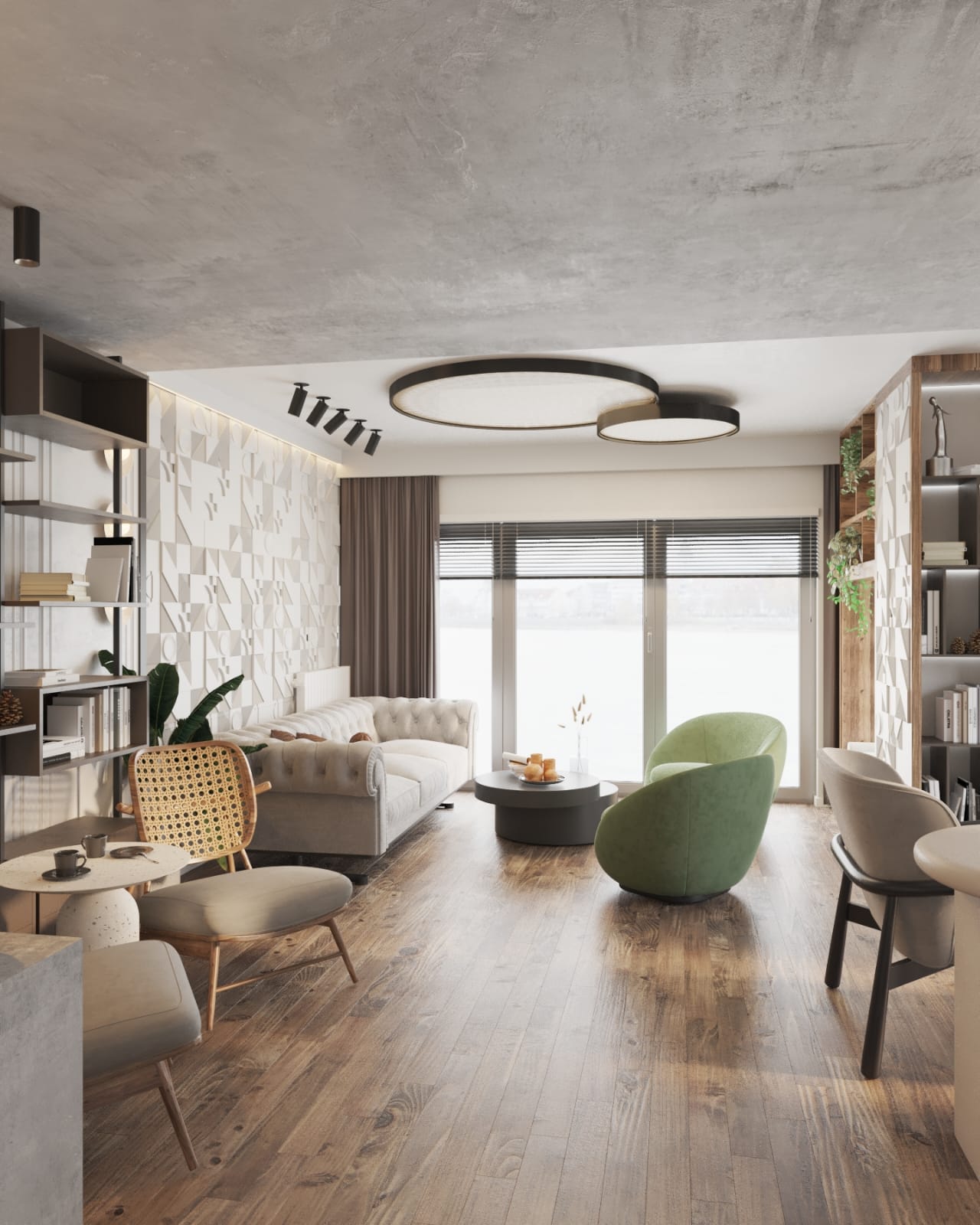 Contemporary office lounge with cream sofa, green accent chairs, geometric wall panels and warm wood flooring